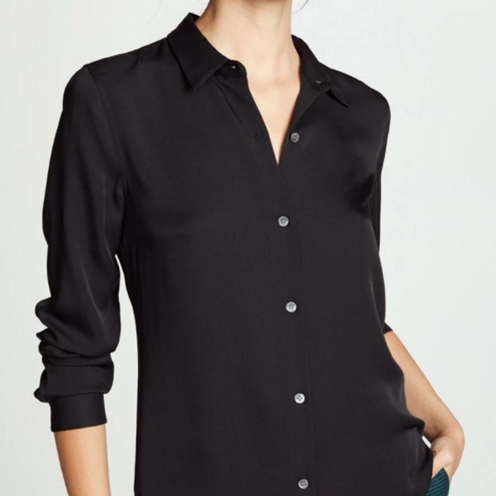 Theory Tenia Classic Silk Button Up Blouse Black‎ Long Sleeve M Office